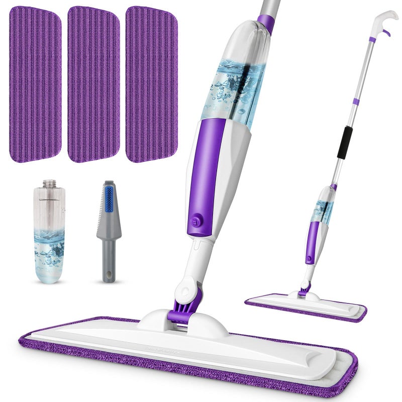 Spray Mops for Floor Cleaning Floor Mop with a Refillable Spray Bottle and 3 Washable Microfiber Pads Home or Commercial Use Dry Wet Flat Mop for Hardwood Laminate Wood Purple